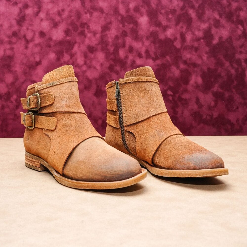 Born Women Moraga Brown Distress Suede Double Buckle Zip Ankle Boots sz 8.5